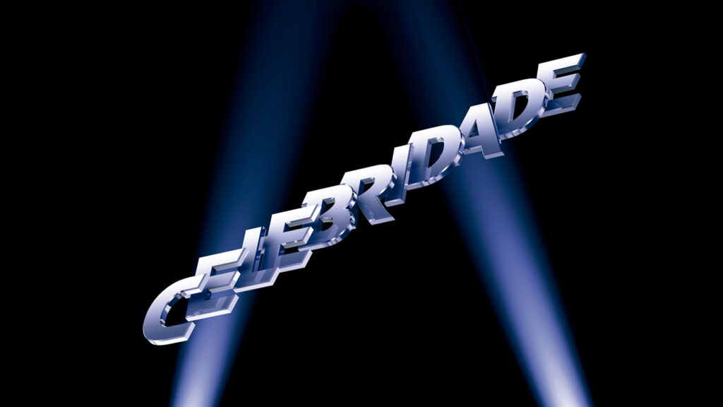 Logotipo da novela Celebridade com letras prateadas inclinadas e iluminadas por holofotes azuis sobre um fundo preto