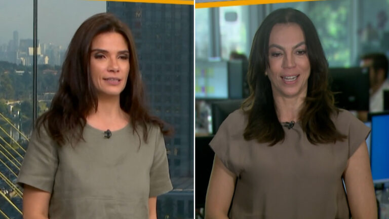 Montagem com Sabina Simonato à esquerda, apresentando telejornal com fundo de vidro mostrando a cidade, e Ana Paula Araújo à direita, sorrindo em um ambiente de redação, ambas vestindo blusas em tons neutros