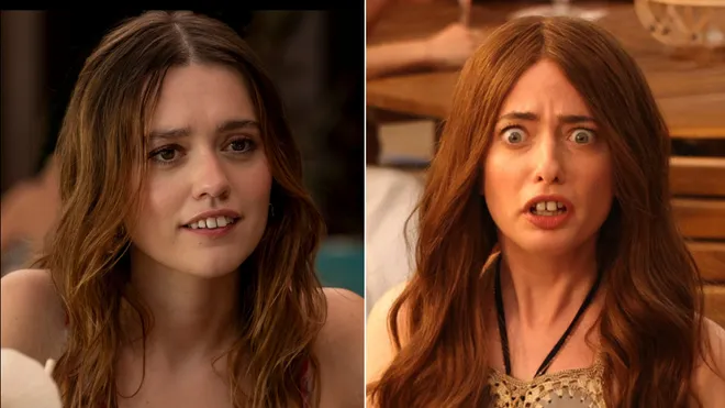 Montagem com a imagem de Aimee Lou Wood, de The White Lotus, e a esquete no SNL