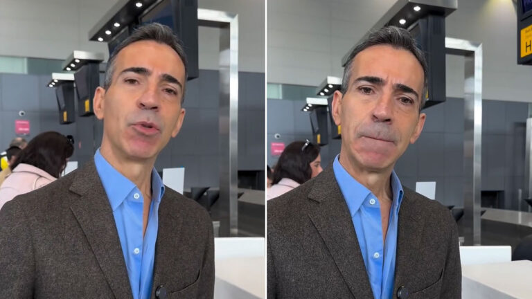 César Tralli em área de embarque de aeroporto durante gravação de conteúdo para as redes sociais