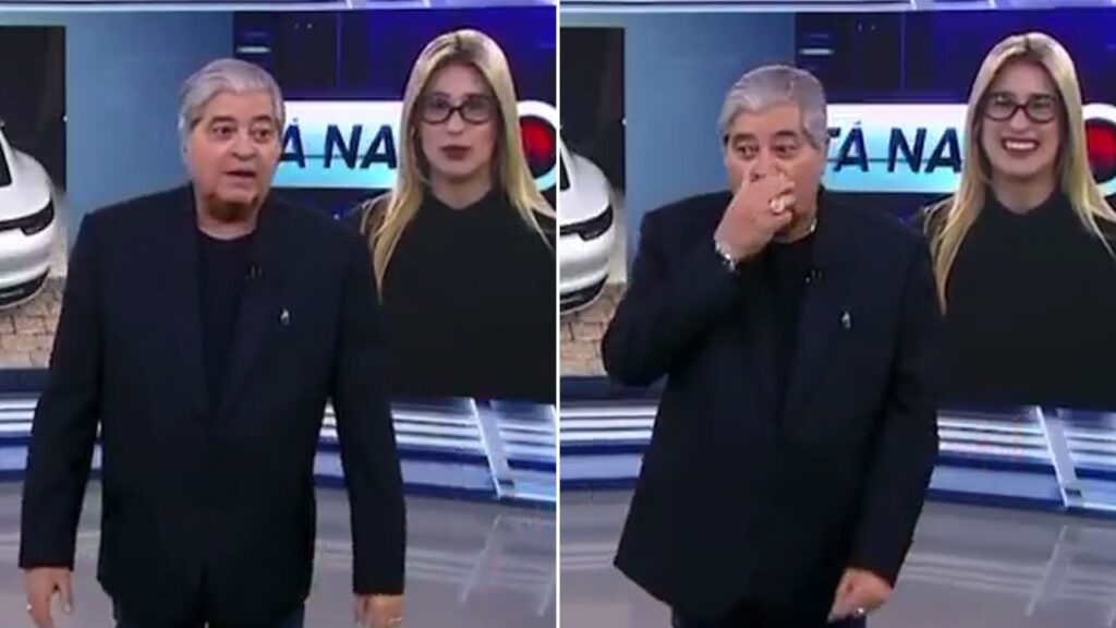 Datena apresenta o programa Tá na Hora no SBT com Nicole Bonentti no telão ao fundo