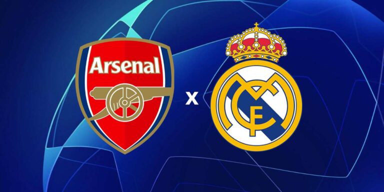Foto dos escudos de Arsenal e Real Madrid