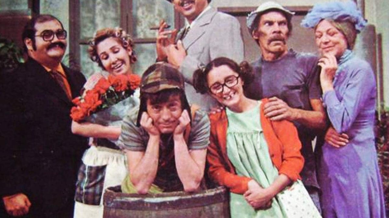 Imagem com foto do elenco do seriado Chaves