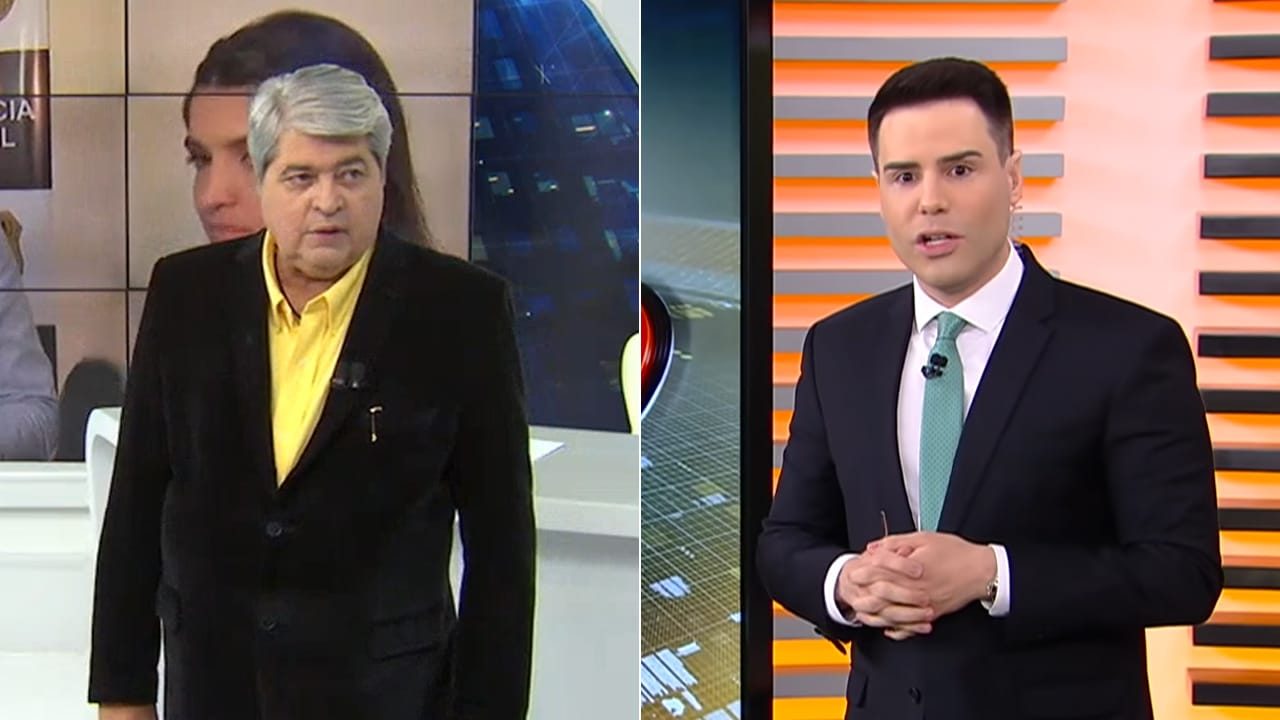 Imagem com montagem das fotos dos apresentadores José Luiz Datena e Luiz Bacci durante os programas Brasil Urgente e Cidade Alerta.