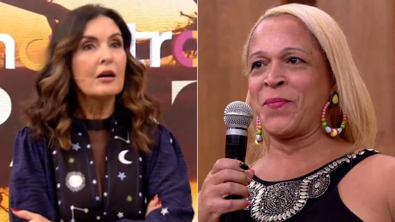 Imagem com montagem das fotos de Fatima Bernardes e convidada da plateia do Encontro