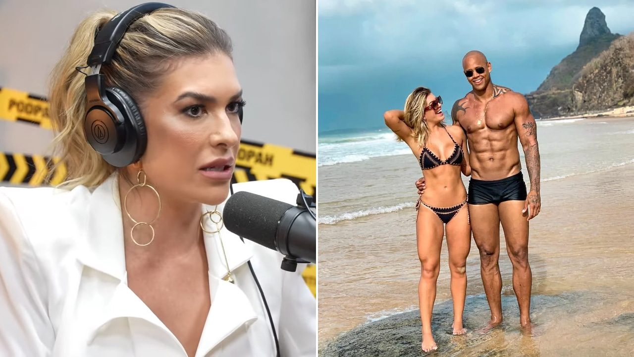 Imagem com montagem das fotos de Lore Improta no podcast e a imagem editada deles na praia