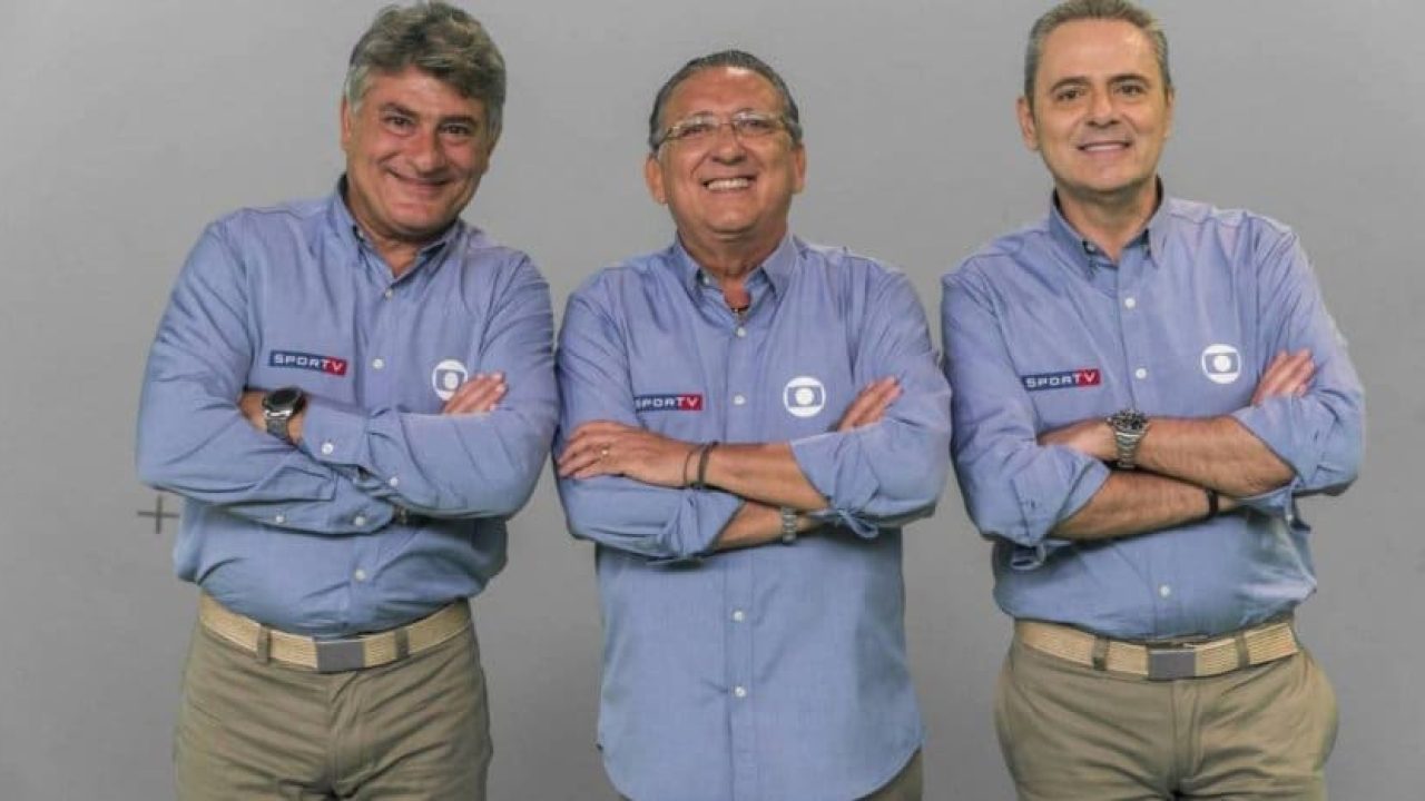 Imagem com fotos dos narradores Cleber Machado, Galvão Bueno e Luís Roberto