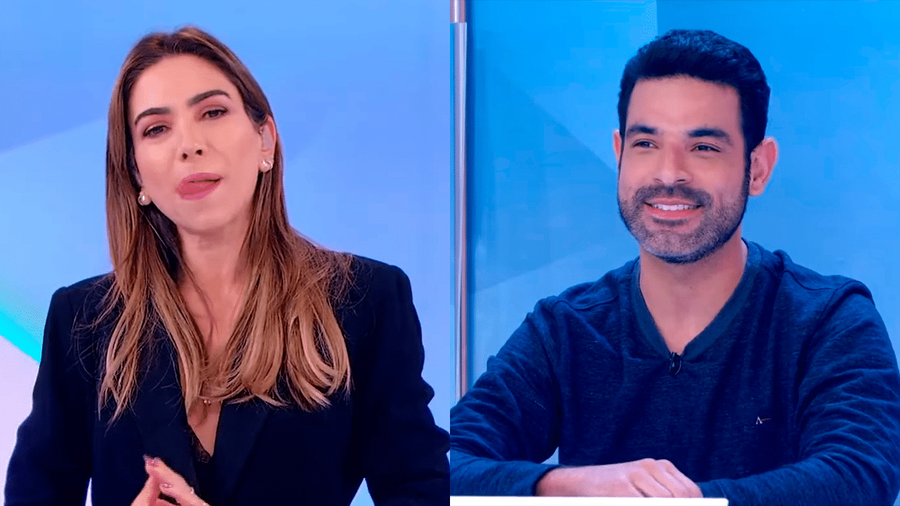 Imagem com montagem das fotos de Patricia Abravanel e Darlisson Dutra durante o Jogo dos Pontinhos