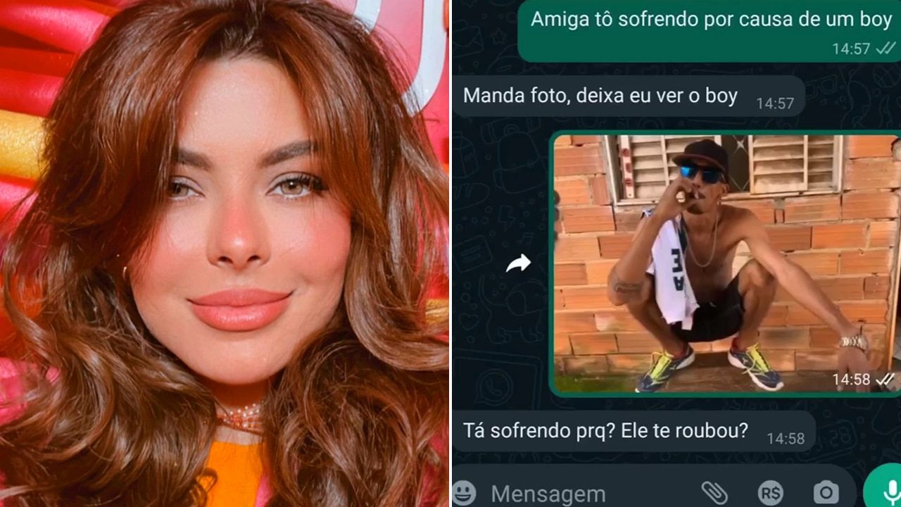 Imagem com montagem das fotos de Rafaella Tuma e de meme publicado por ela nas redes sociais