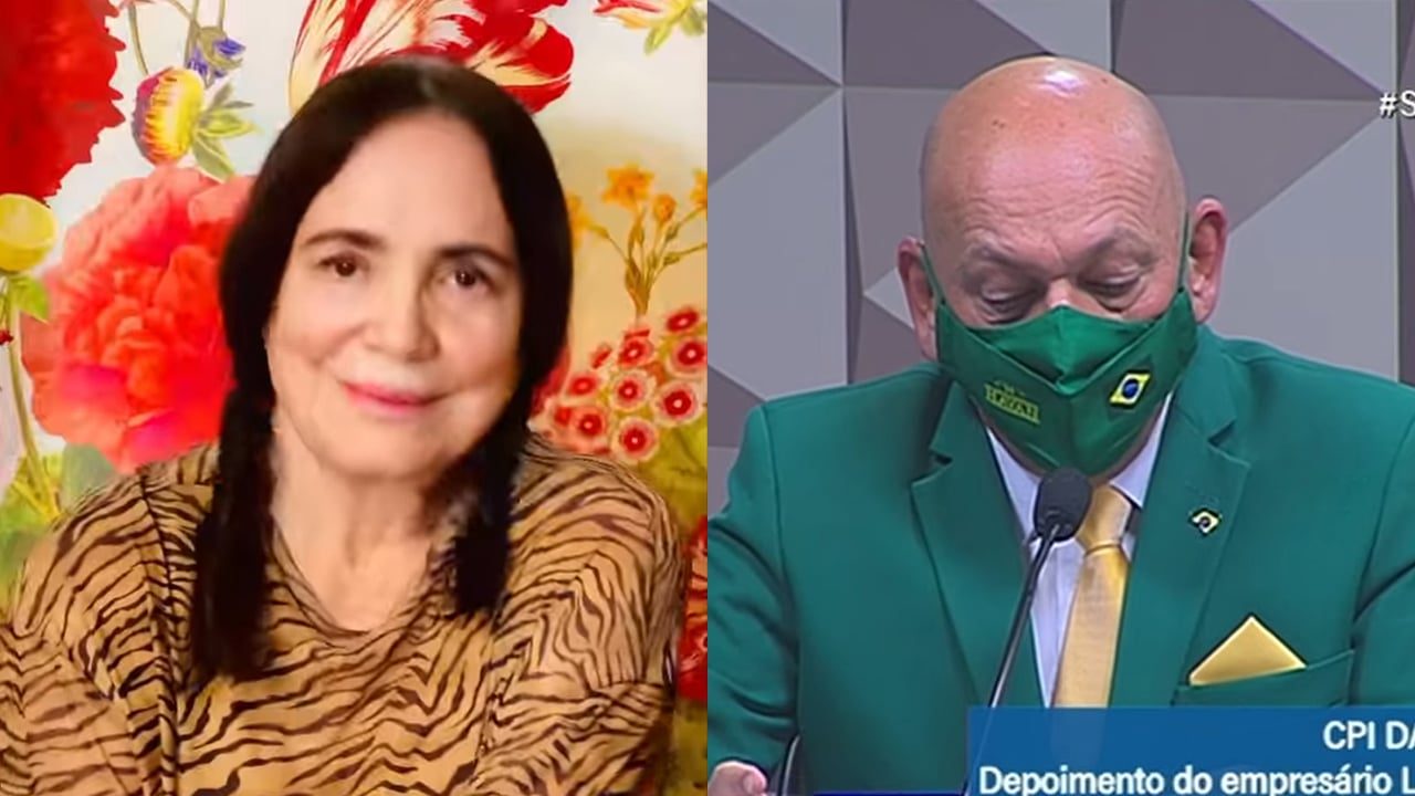 Montagem com foto da atriz Regina Duarte e do empresário Luciano Hang