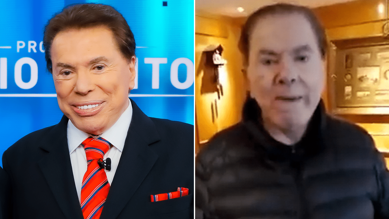 Imagem com montagem das fotos do apresentador Silvio Santos com e sem dentadura