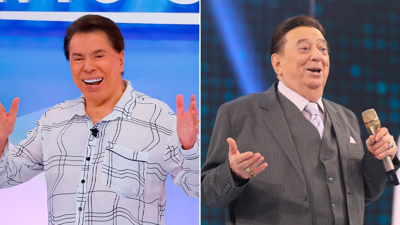 Imagem com montagem das fotos dos apresentadores Silvio Santos e Raul Gil