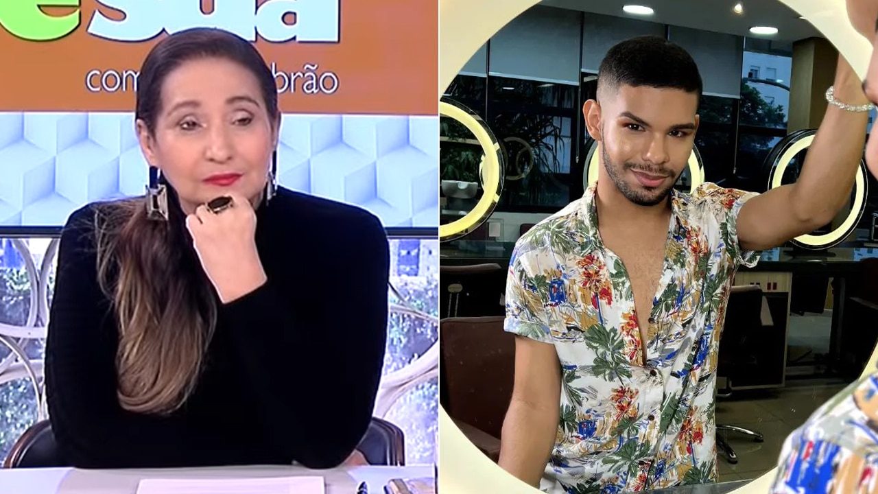 Imagem com montagem das fotos da apresentadora Sonia Abrão e o ex-BBB Vyni