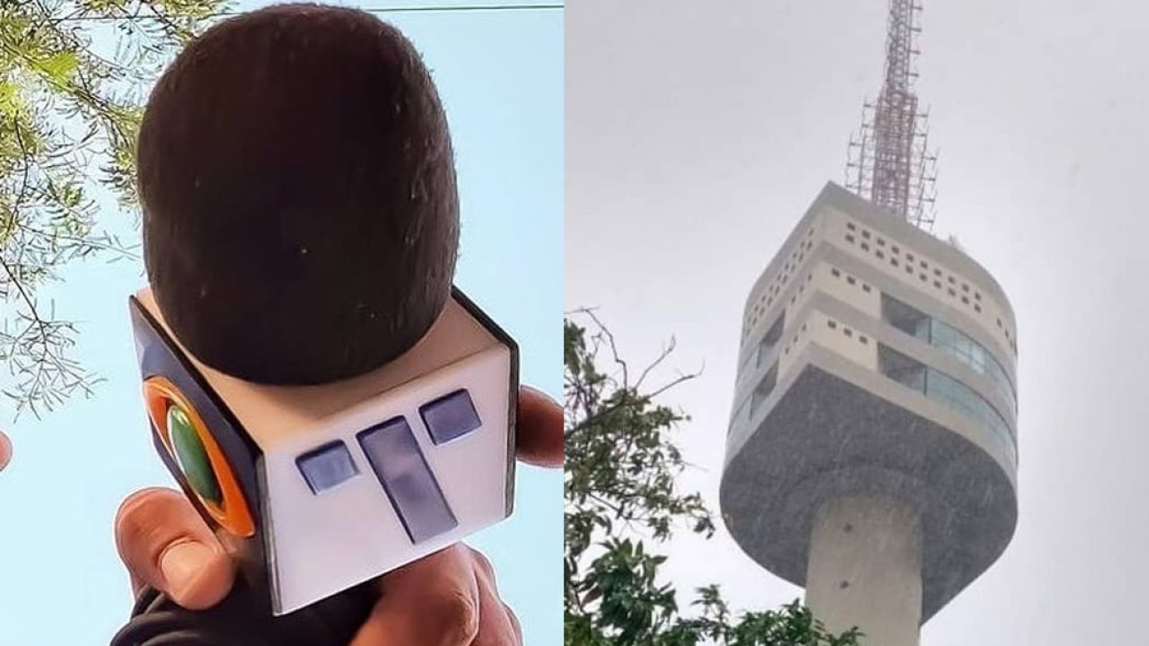 Imagem com montagem das fotos do microfone e torre da TV Tribuna, afiliada da Band no Recife (PE)