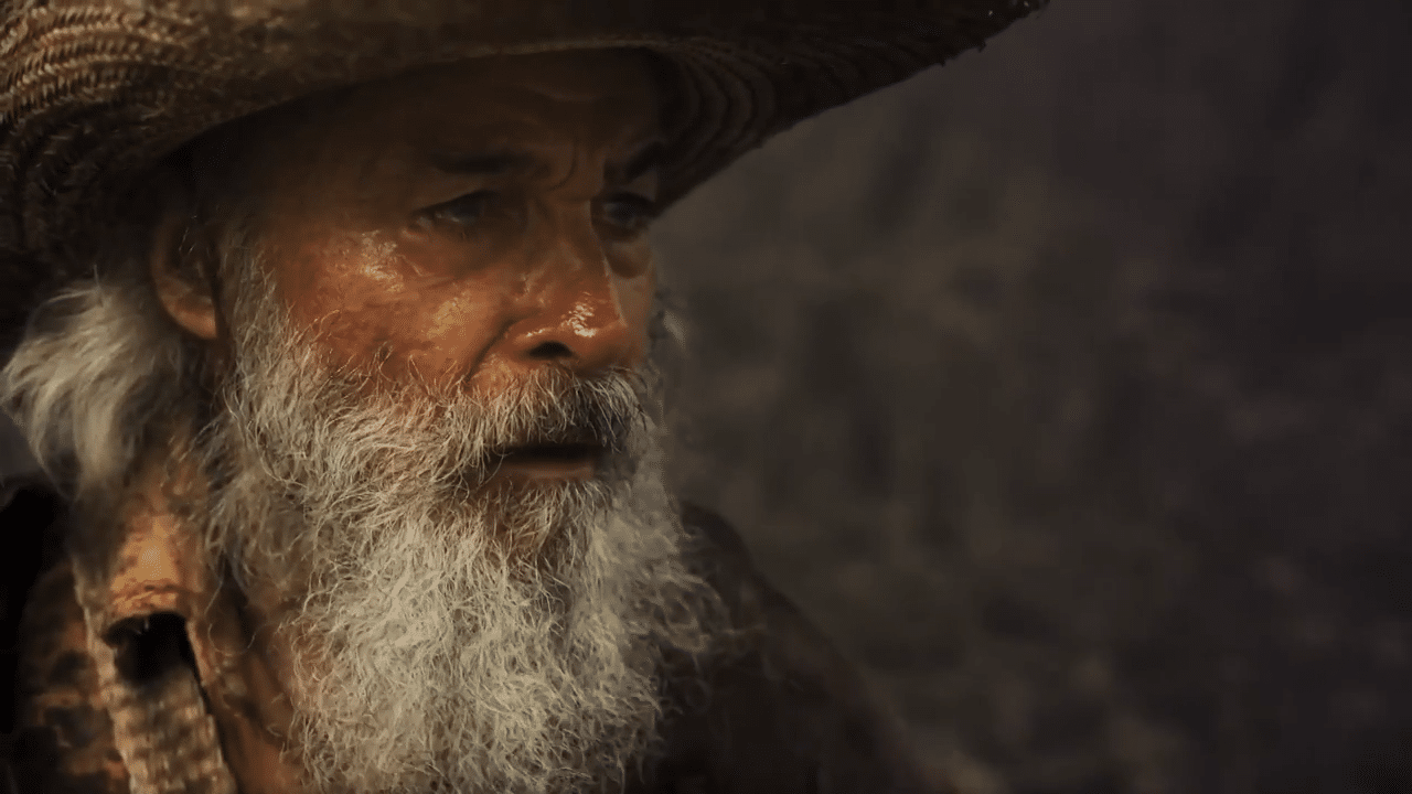 Imagem com foto do ator Osmar Prado como Velho do Rio em cena da novela Pantanal