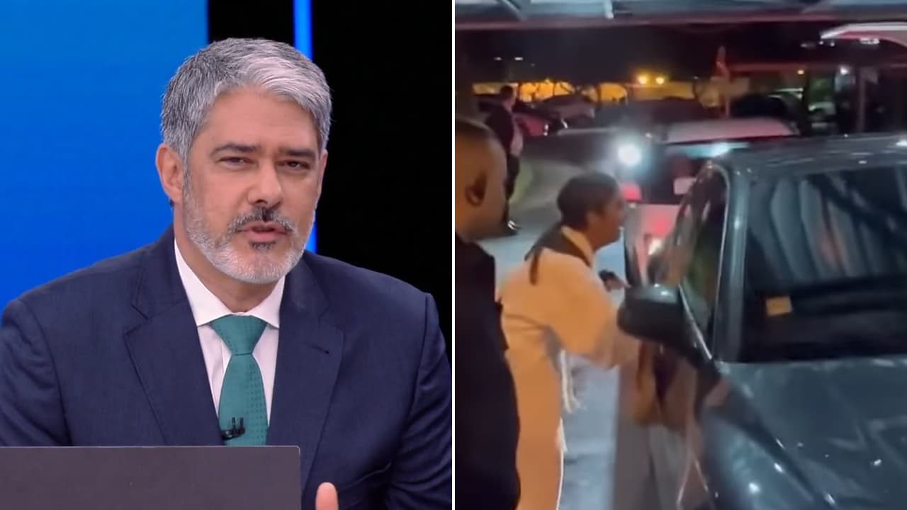 Imagem com montagem das fotos de William Bonner no Jornal Nacional e Ivete Sangalo de roupão batendo no vidro do carro do apresentador