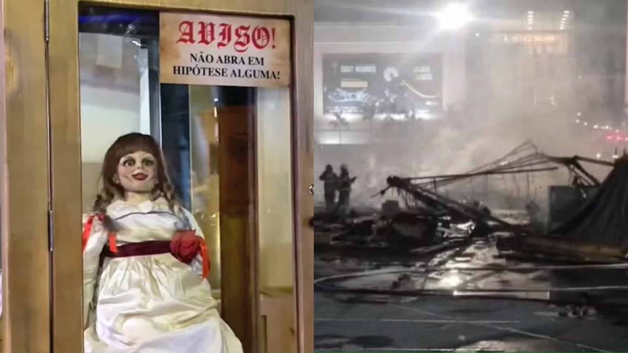 Montagem da boneca Anabelle ao lado de incêndio em shopping