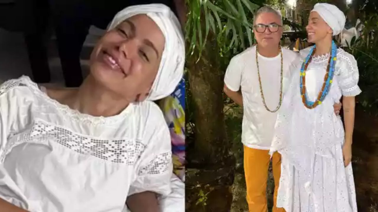 Montagem de fotos de Anitta e de seu pai de santo em terreiro