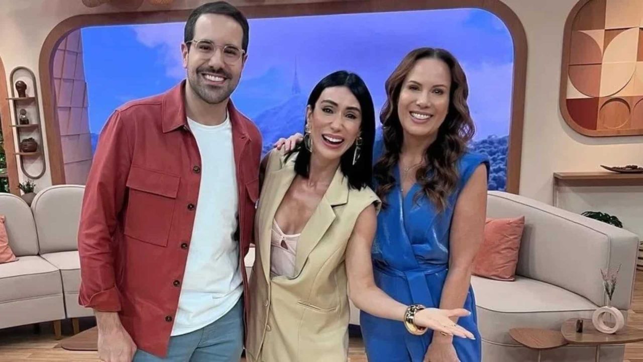 Foto de Paulo Mathias, Michelle Barros e Regina Volpato no Chega Mais do SBT