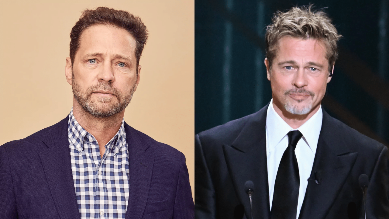 Montagem com foto de Jason Priestley e Brad Pitt