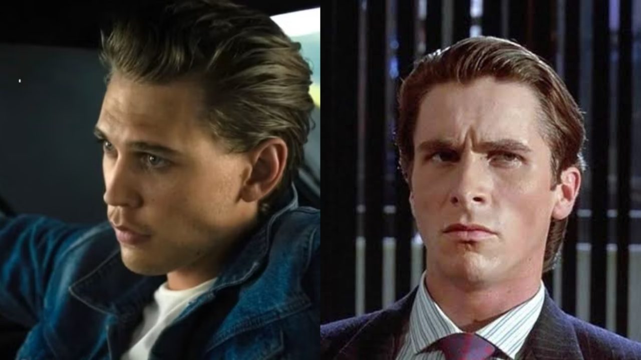 Montagem de fotos de Austin Butler e de Christian Bale em Psicopata Americano