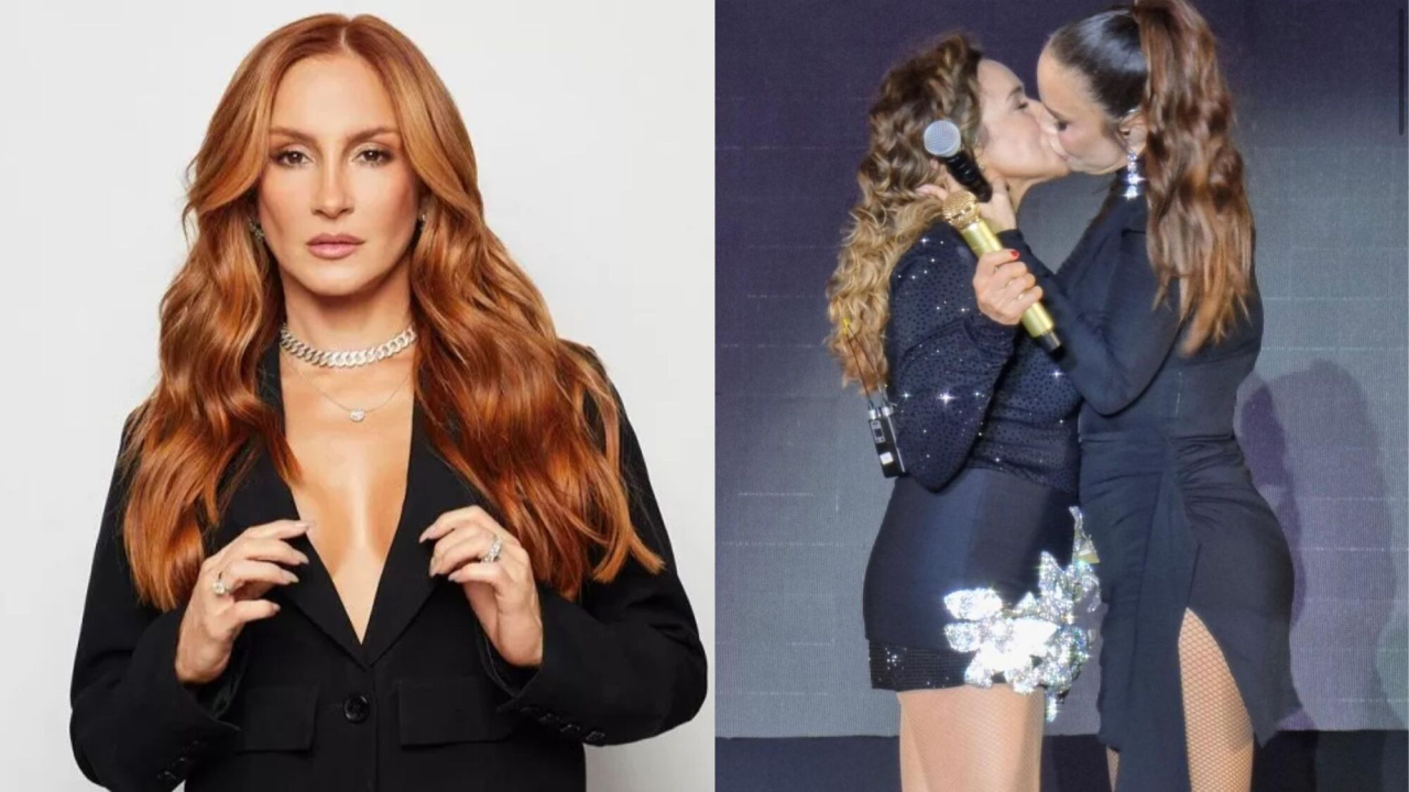 Montagem de foto de Claudia Leitte, com Daniela Mercury e Ivete Sangalo se beijando