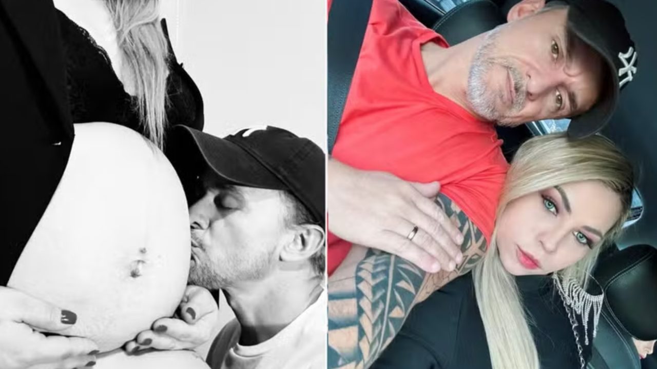 Montagem de Daniel Cravinhos beijando barriga de ex ao lado de foto dos dois juntos