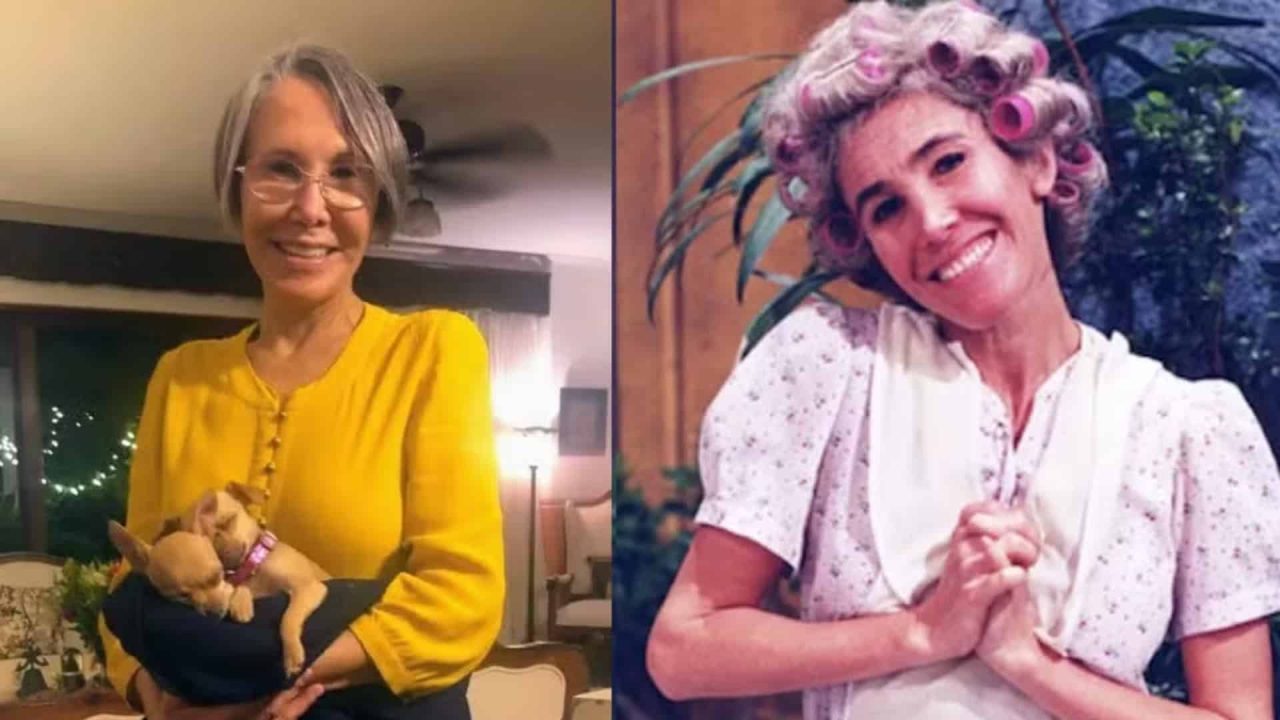 Montagem de foto de Dona Florinda atualmente e no seriado Chaves