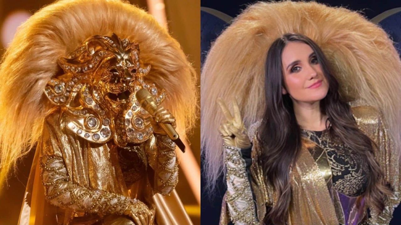 Colagem de Dulce Maria como Leona no The Masked Singer do México