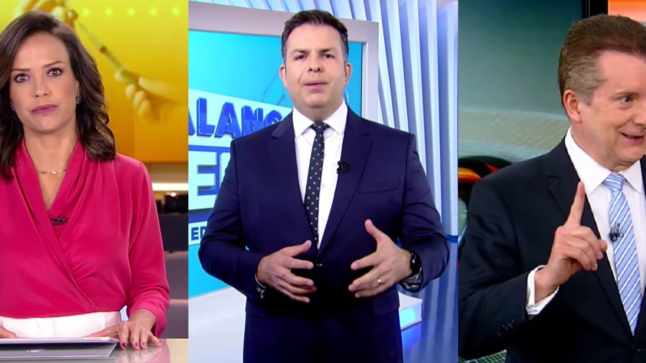 Fabiana Oliveira, Matheus Furlan e Celso Russomanno nos noticiários da Record em 6 de março: audiência em alta (foto: Montagem/Reprodução/Record)