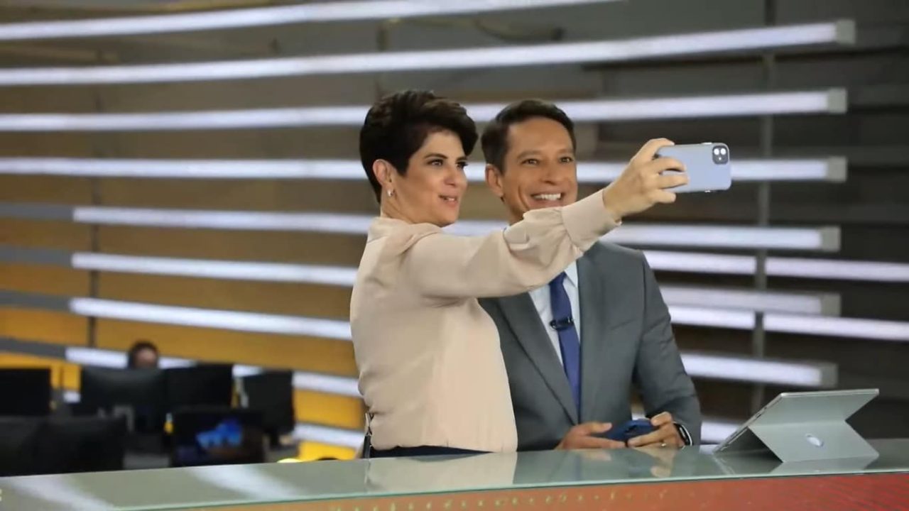 Mariana Godoy e Sérgio Aguiar despencaram no segundo dia da dupla no Fala Brasil (foto: Reprodução/Record)