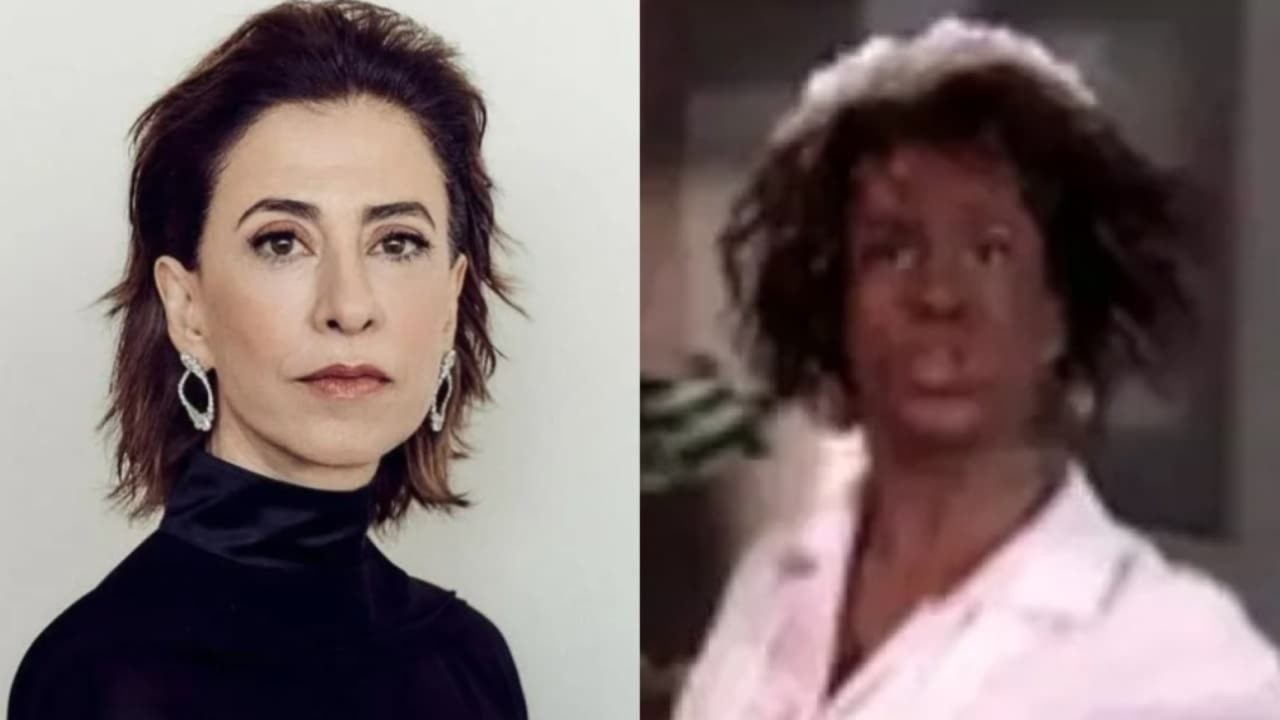 Montagem de fotos de Fernanda Torres no Globo de Ouro e praticando blackface em quadro do Fantástico