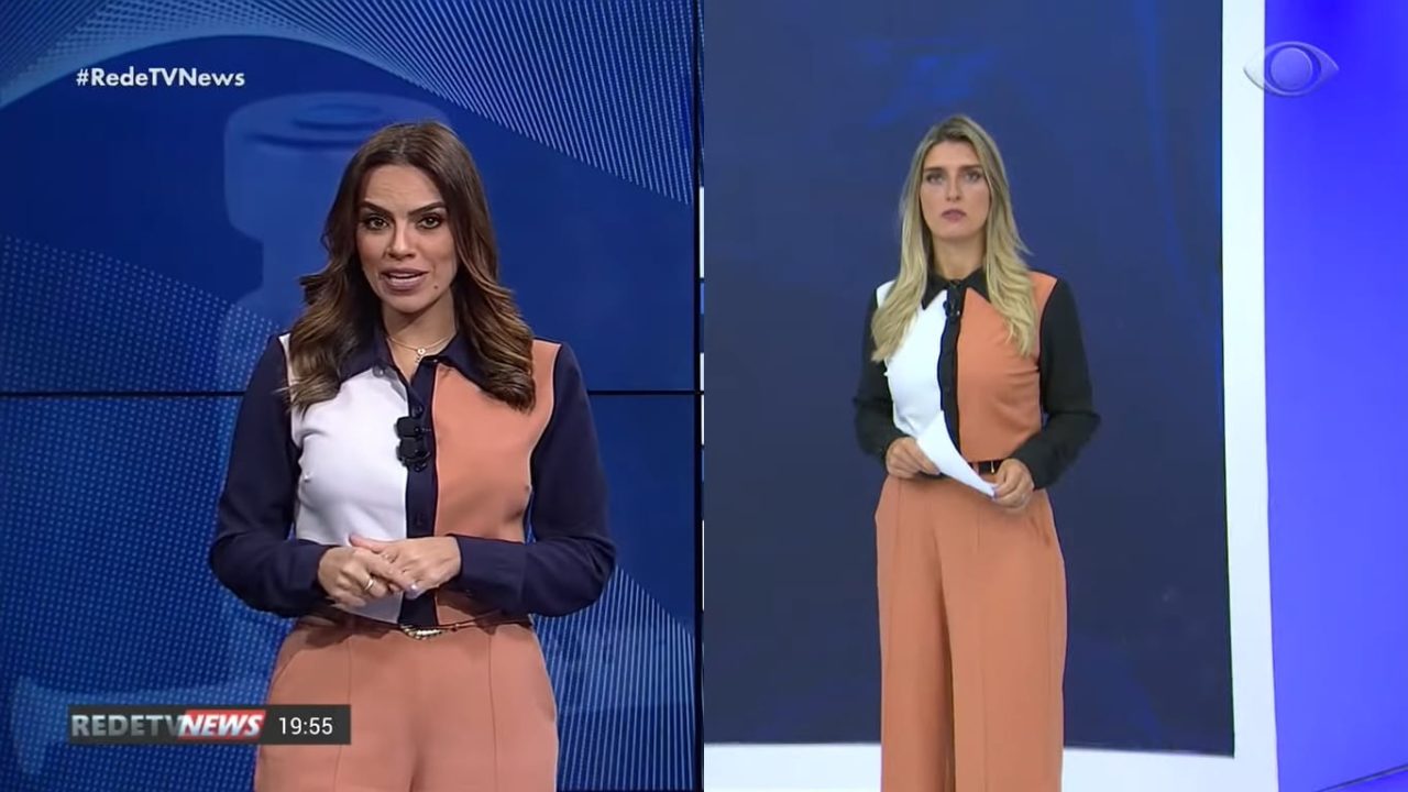 Gabriela di França, da RedeTV!, e Joana Treptow, da Band, usaram a mesma roupa simultaneamente (foto: Reprodução)