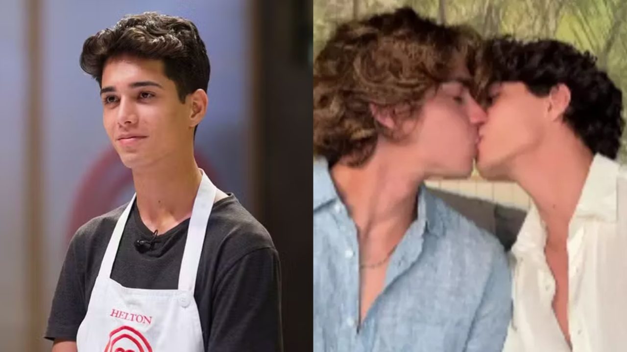 Montagem de foto de Helton Oliveira no MasterChef e dele beijando Vitor Barreto