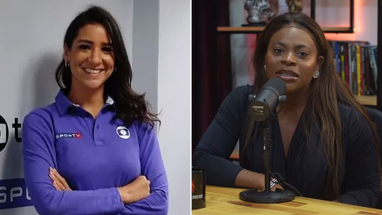 Joanna Maranhão com uniforme do SporTV ao lado de Jojo Todynho falando ao microfone em estúdio de podcast