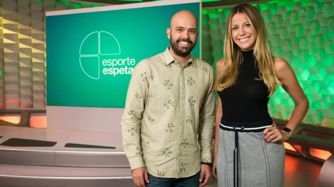 Foto de Lucas Gutierrez e Bárbara Coelho no Esporte Espetacular da Globo