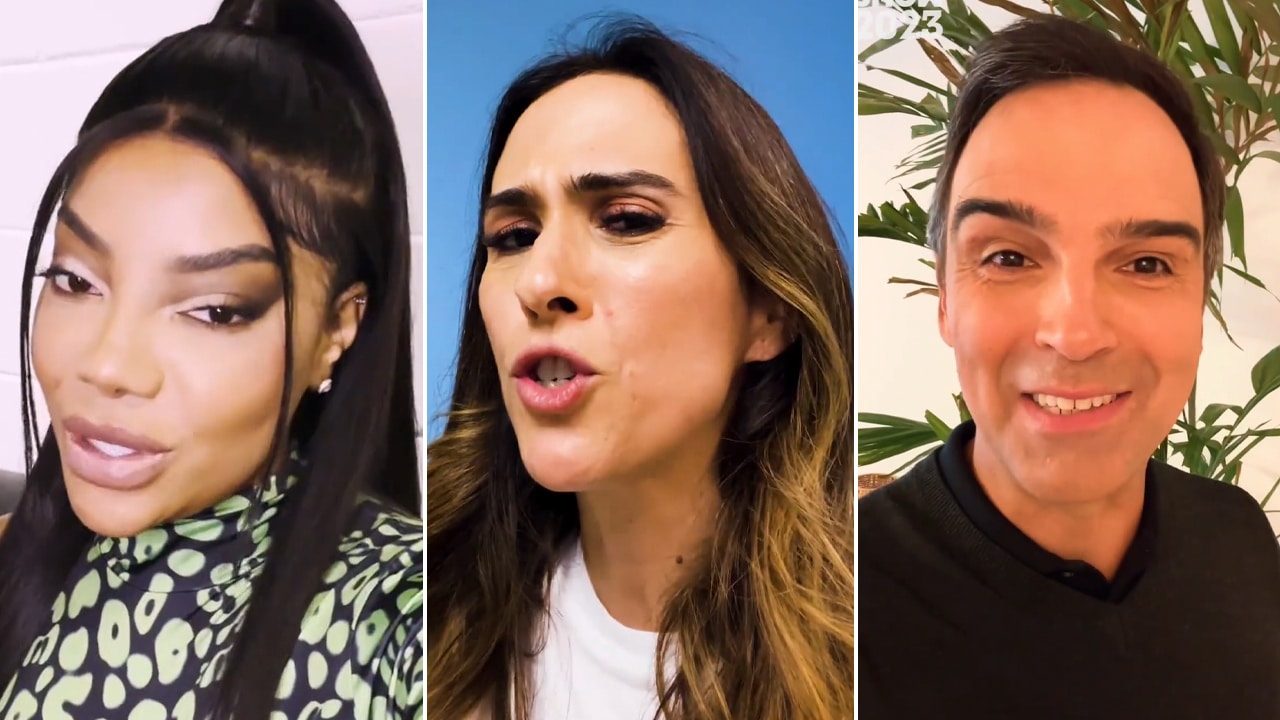 Imagem com montagem das fotos de Ludmilla, Tatá Werneck e Tadeu Schmidt, apresentadores do Prêmio Multishow 2023