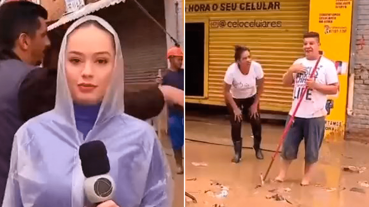 Montagem com as fotos de Marcela Munhoz e do homem que jogou lama na repórter da Record