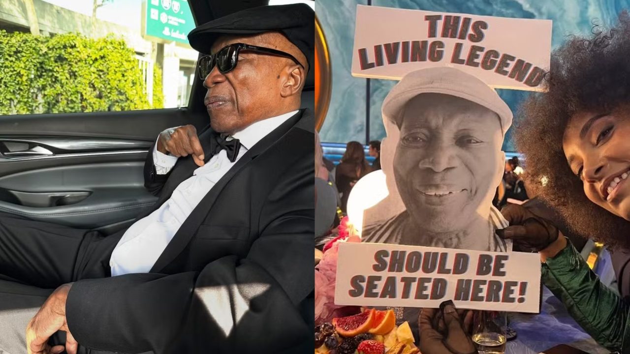 Montagem de fotos: Milton Nascimento com traje social em carro; Esperanza Spalding segurando placa com rosto de Milton e frase: 'esta lenda viva deveria estar sentada aqui'