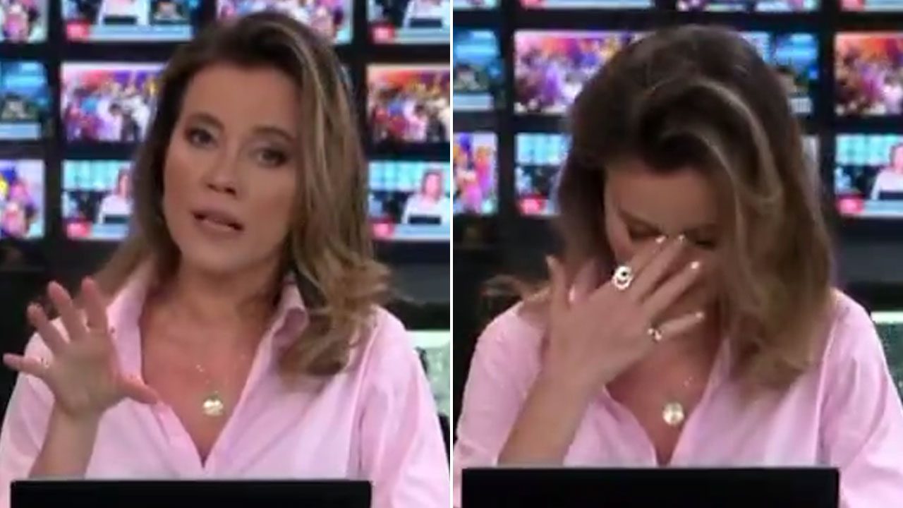 Montagem com dois momentos de Natuza Nery na GloboNews, primeiro falando enquanto gesticula e depois cobrindo o rosto com a mão, após soltar um palavrão ao vivo