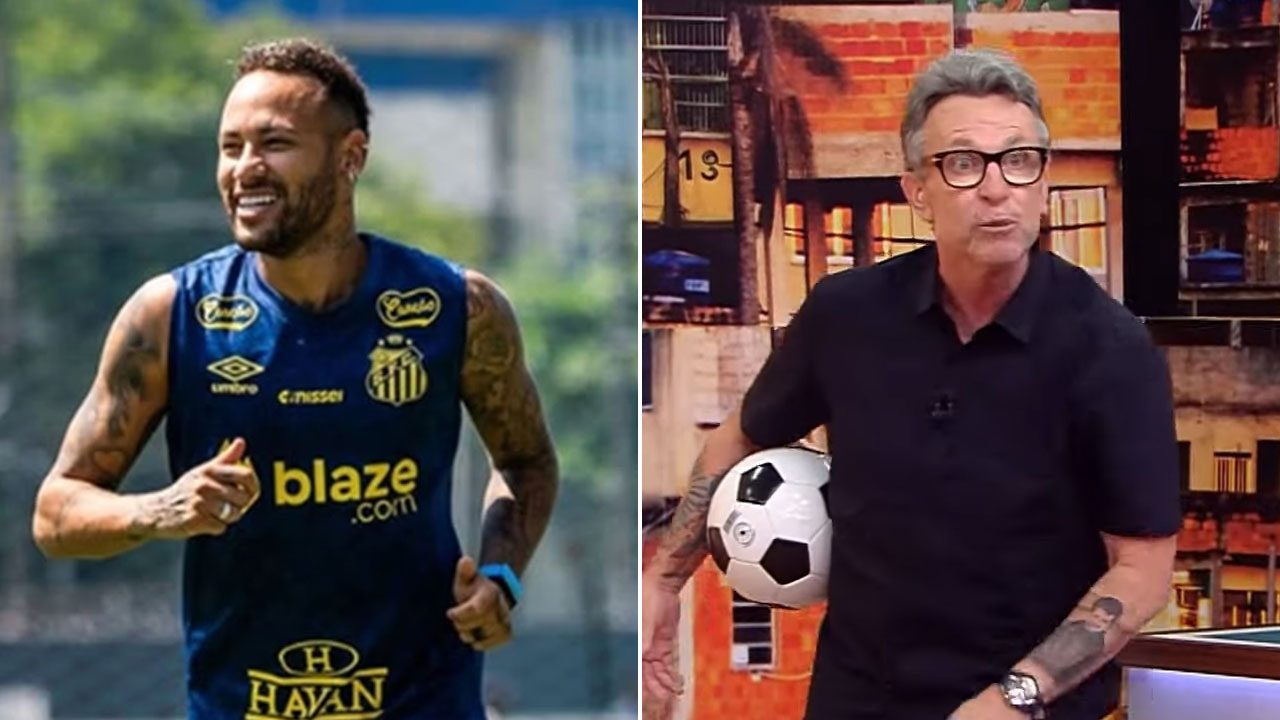 Neymar Jr. com uniforme de treino do Santos ao lado de Neto segurando bola no cenário do programa Os Donos da Bola
