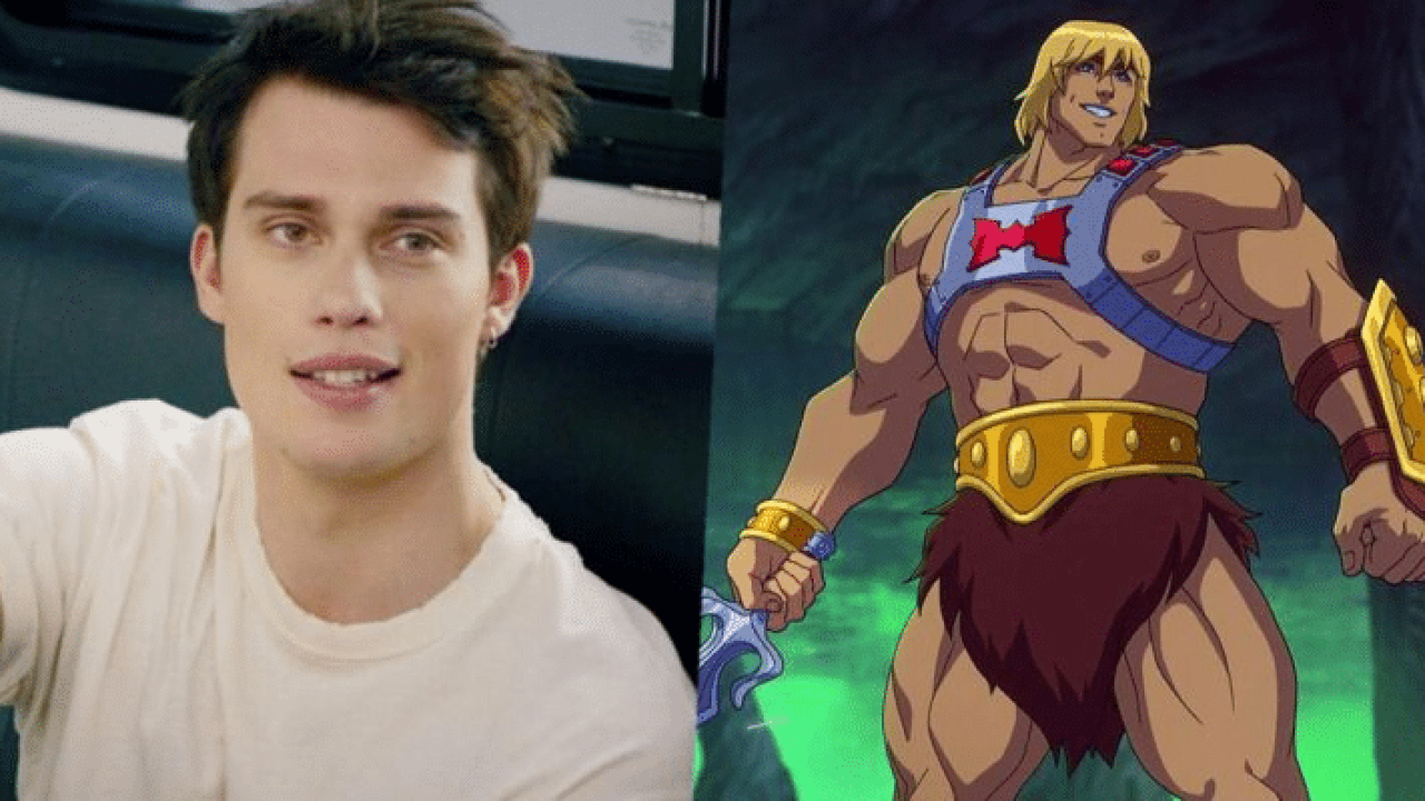 Montagem de Nicholas Galitzine ao lado do personagem He-Man