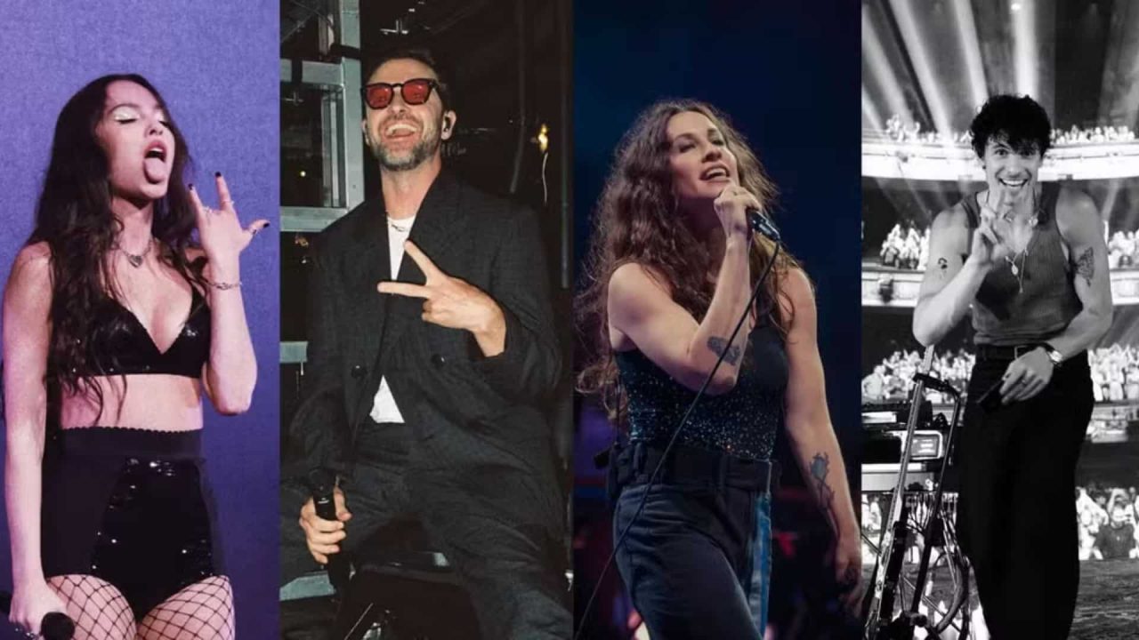 Montagem de Olivia Rodrigo, Justin Timberlake, Alanis Morissette e Shawn Mendes; artistas estarão no Lollapalooza 2025