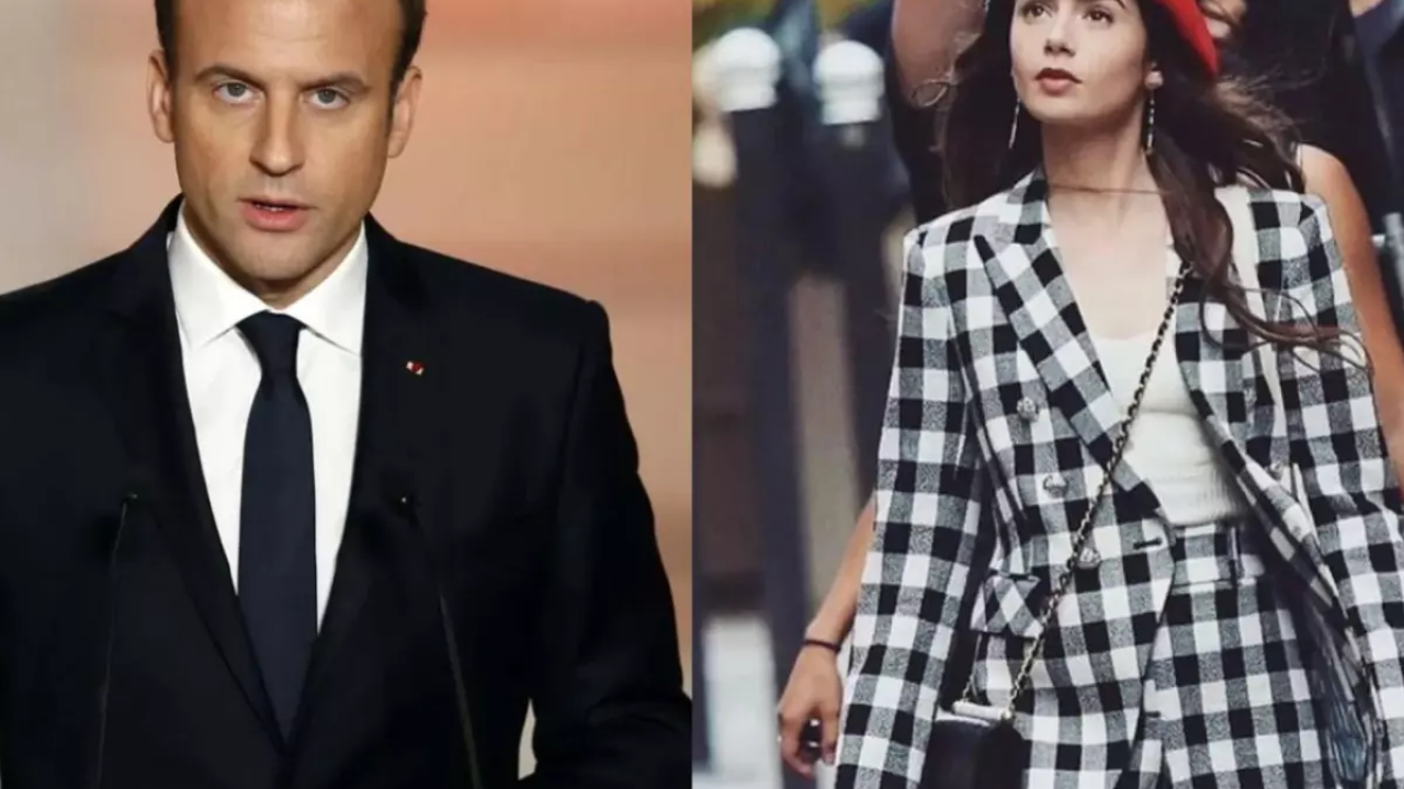 Montagem com Emmanuel Macron e Lily Collins, protagonista de Emily in Paris