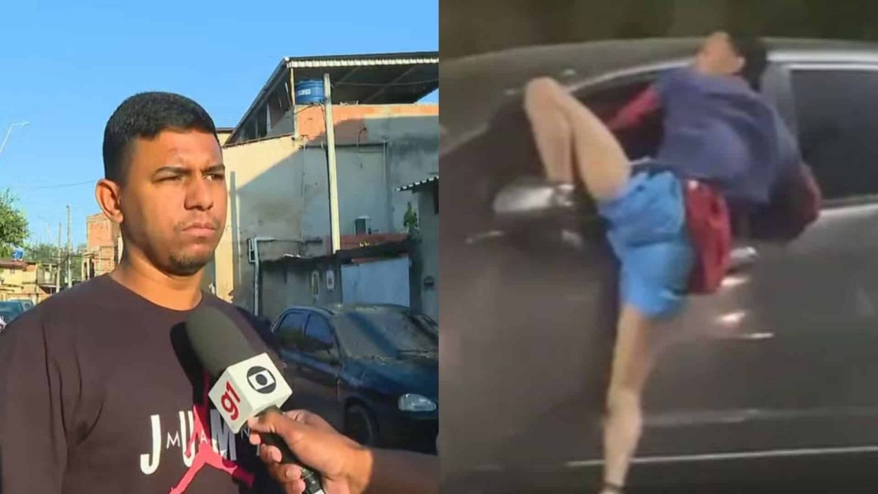 Montagem com fotos do motorista Rafael Queiroz dando entrevista à Globo e um print do vídeo de assaltante preso com a mão em carro