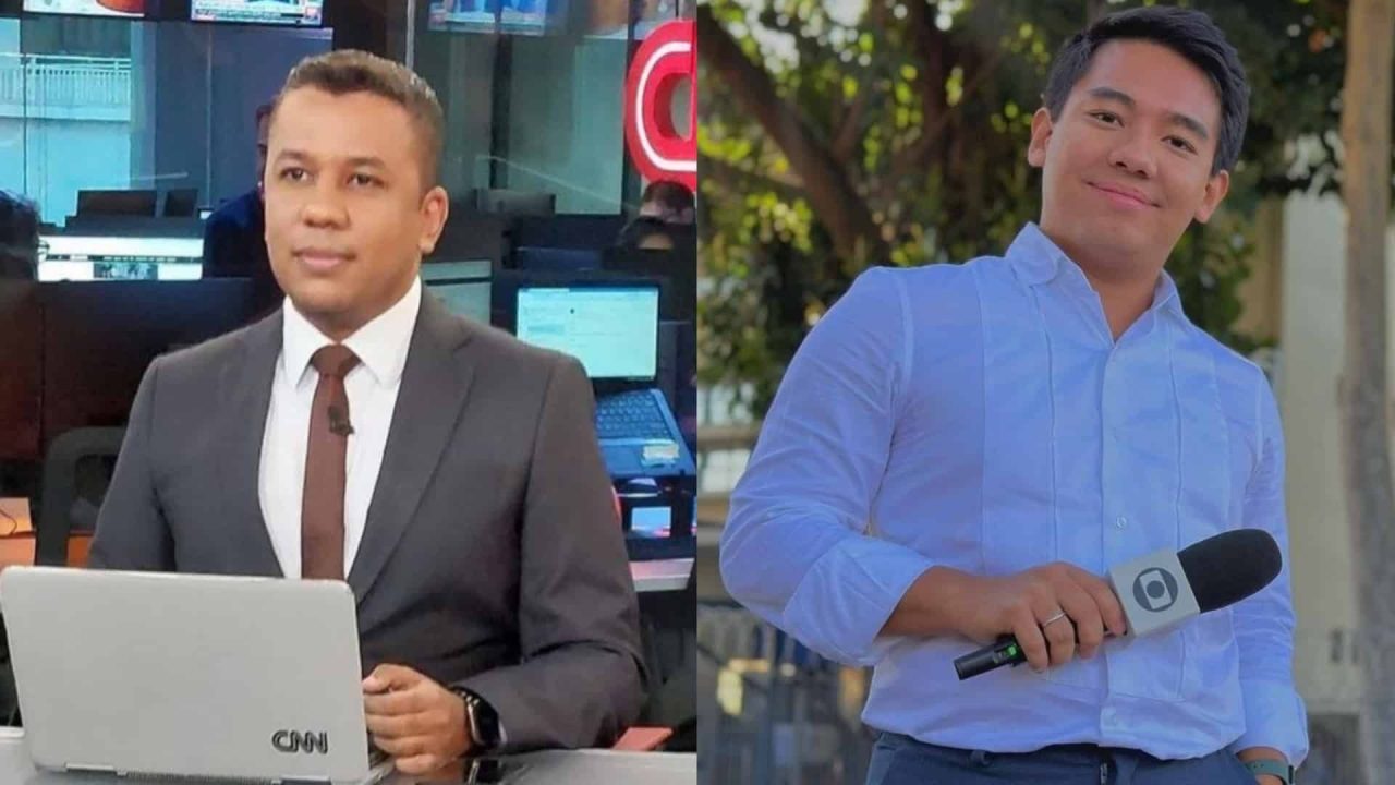 Montagem de fotos de Renan de Souza na bancada da CNN e Rafael Ihara com microfone da Globo