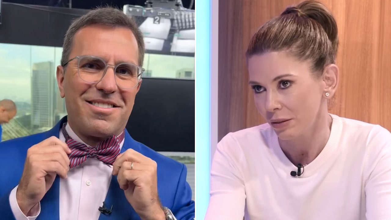 Montagem com Rodrigo Bocardi ajustando gravata borboleta ao lado de Daniela Beyruti durante entrevista