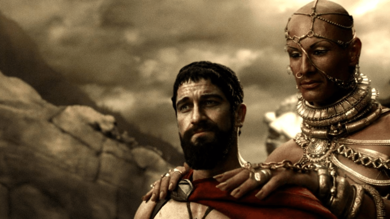 Banner com Gerard Butler e Rodrigo Santoro no filme 300