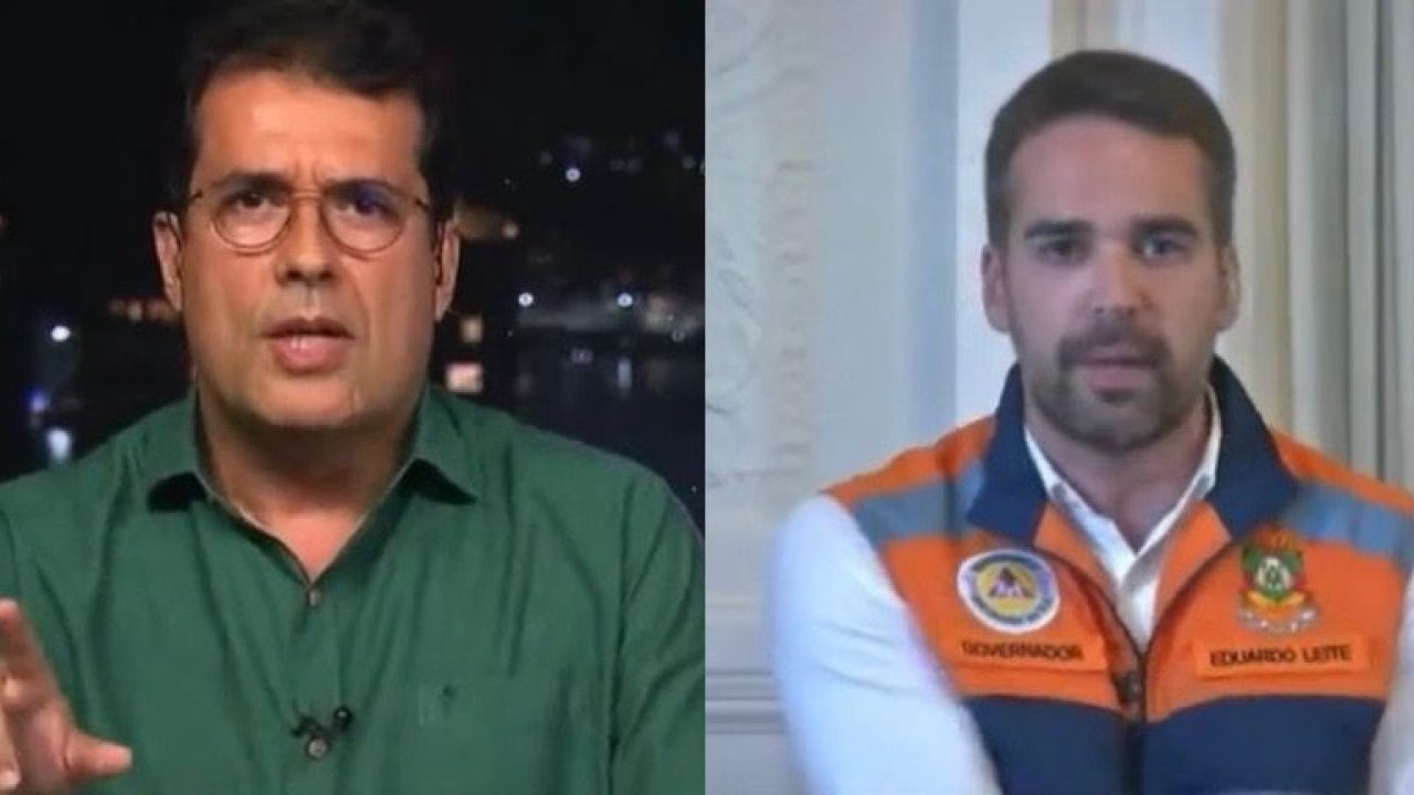 Foto de André Trigueiro, apresentador do Jornal Nacional, e Eduardo Leite na GloboNews