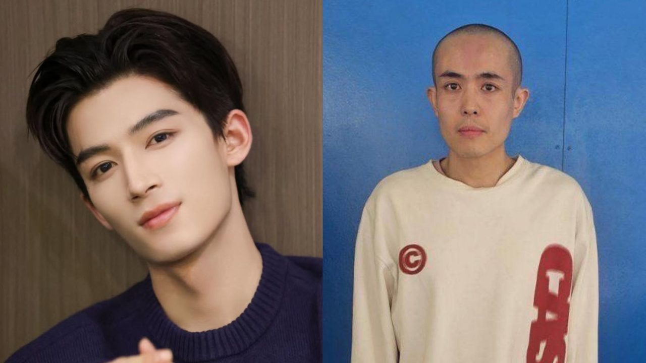 Montagem de fotos de Wang Xing com cabelo e careca